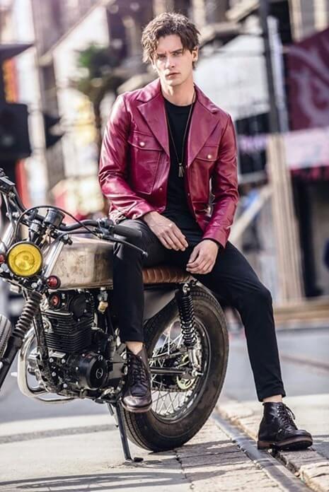 Leather jacket and fitted trousers